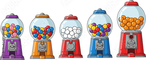 Colorful gumball machines collection, cartoon candy vending machines set with bubble gum sweets retro dispenser vector illustration