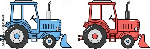 Cartoon farm tractor set, blue and red agricultural tractor vehicles with plow equipment farming machine vector illustration