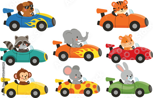 Cute animal drivers in cartoon race cars set, dog tiger elephant monkey rabbit mouse kids vector illustration