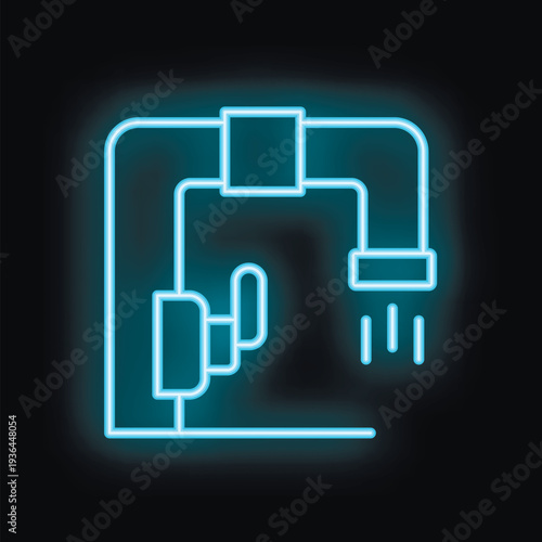 Blue neon icon of a plumbing system with pipes and water flowing, ideal for representing plumbing services