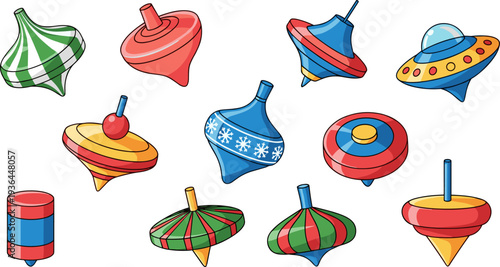 Colorful spinning tops toy collection, cartoon vintage whirligig toys set, classic children spinning top vector illustration pack