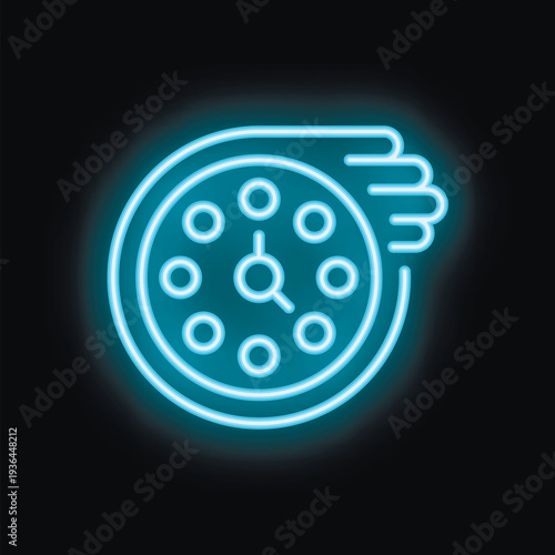 Blue neon style icon of a hand holding a clock, symbolizing the concept of time flying by quickly