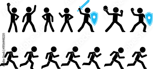 Stick figure action poses set, running fighting hero warrior silhouettes collection, simple human motion icons vector illustration pack