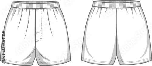 Men's Elastic Waist Boxer Shorts Fashion Illustration, Relaxed Fit Lounge Shorts with Side Pockets and Pleats, Casual Sleepwear Technical Sketch Line Art Vector