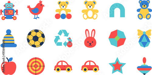 Colorful kids toy icons set, cartoon baby objects collection with robot teddy car ball rabbit shapes nursery vector illustration