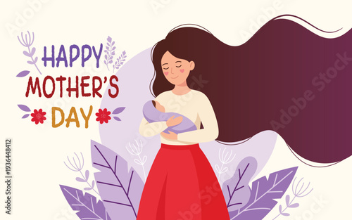 A loving mother gently holds her newborn baby in a heartwarming illustration with "Happy Mother's Day" text and decorative floral.
