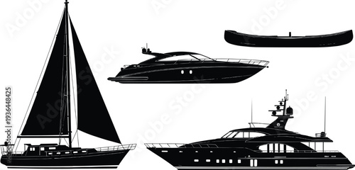 Collection of black boat silhouettes including luxury yacht sailboat sailing ship and small rowboat or canoe for maritime travel nautical adventure and marine design