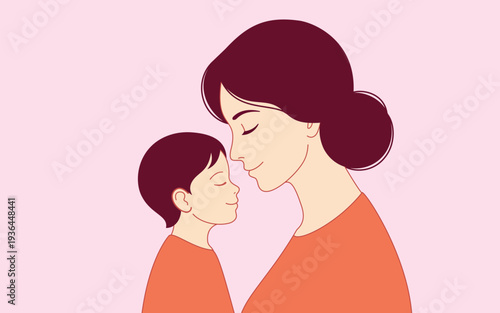 A loving mother and her child share a tender, affectionate moment in a minimalist illustration with a soft pink background.