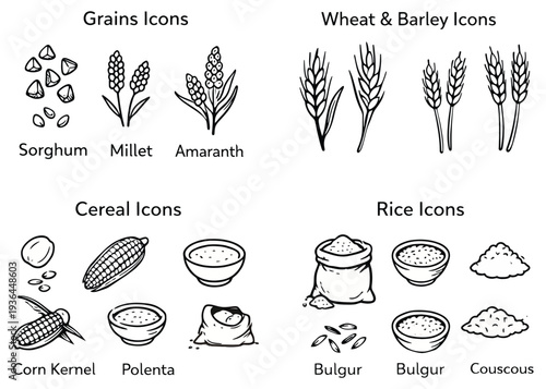 Set of elegant silhouette illustrations showcasing diverse types of agricultural grains and staple food ingredients for healthy eating concepts
