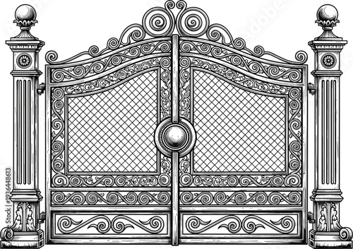 Ornate wrought iron gate front view technical illustration, decorative scrollwork floral motifs lattice pattern classical architectural entrance design drawing