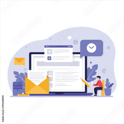 Person working on laptop reviewing documents with checkmarks and email icons
