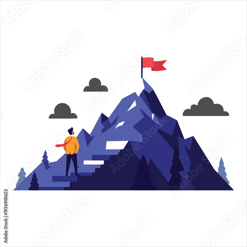 Person standing triumphantly at top of mountain with flag