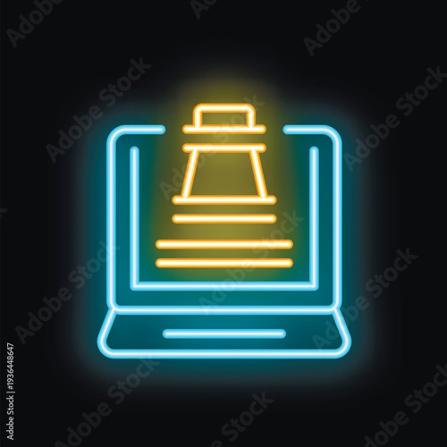 Glowing neon icon representing online auction, featuring auction hammer and bid document displayed on laptop screen