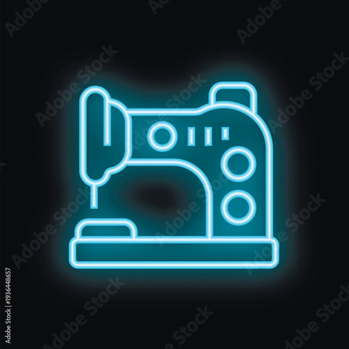 Blue neon icon of a sewing machine glowing on a black background