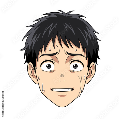 An anime character with a worried expression and sweat dripping down his face.