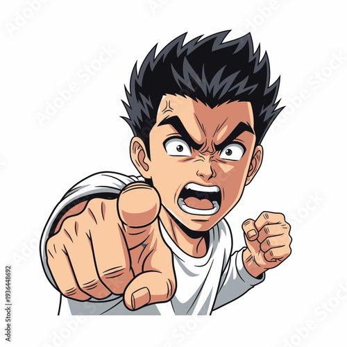 Angry Anime Boy Pointing Finger Aggressively Forward.