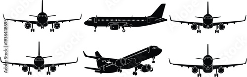 Collection of commercial airplane silhouettes featuring passenger jet aircraft in flight taking off landing and front view for aviation travel and logistics industry design