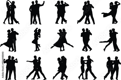 Collection of black silhouettes featuring various couples ballroom dancing in elegant poses isolated on a clean white background background