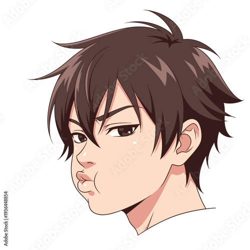 Anime boy with puffed cheeks and a determined expression.