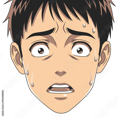 Anime man face with shocked expression and sweat drops.