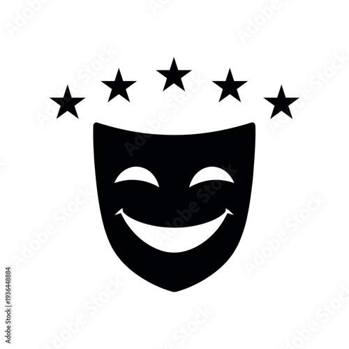 Black comedy theater mask icon with five stars rating above isolated on white background symbol for entertainment award or movie performance