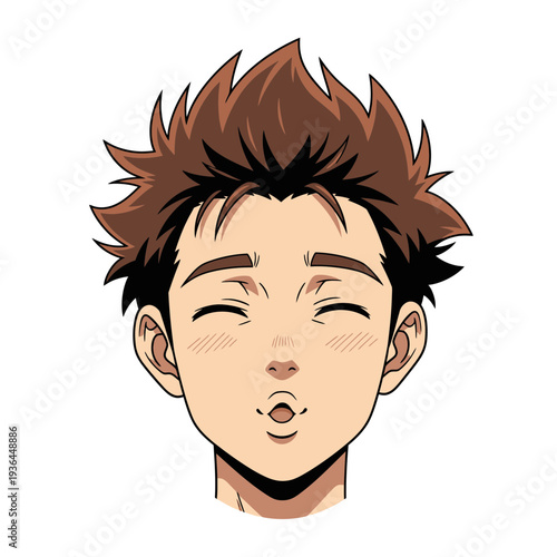 Anime boy with spiky brown hair and closed eyes making a kissing face.