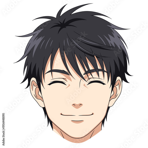Anime Boy with Spiky Black Hair Smiling Happily.