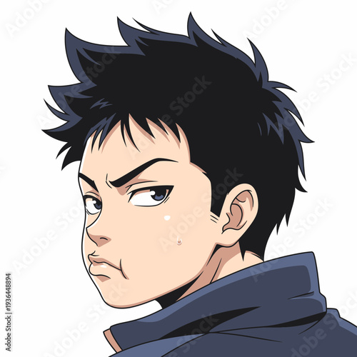 Anime boy with spiky black hair looking over shoulder.