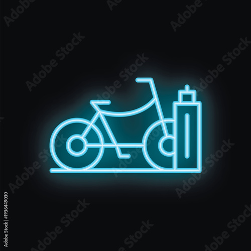 Blue neon sign of bicycle parking glowing on black brick wall