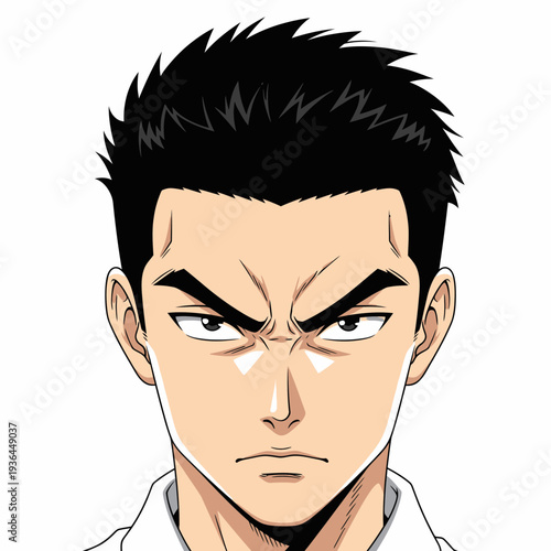 Anime man with determined expression looking forward.
