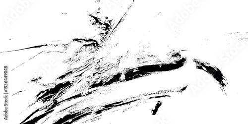 abstract black ink brush stroke on white background with grunge texture sweeping black ink brush strokes on a clean white background.