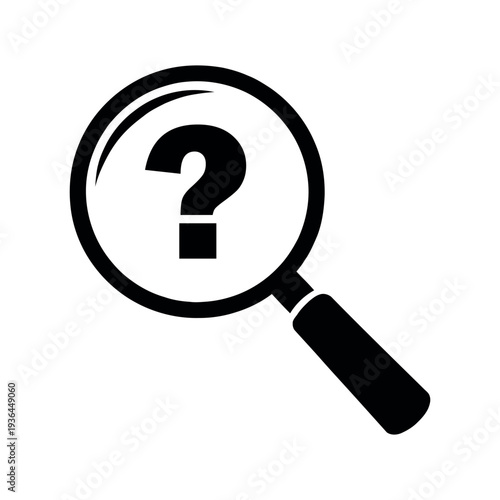 Magnifying glass with question mark icon symbol for search and discovery of unknown information or data analysis isolated on white background