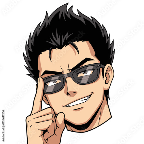 Anime style man with glasses looking smart and confident.