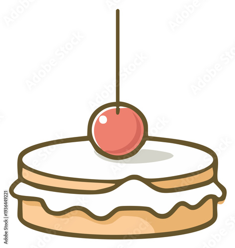 Whimsical cartoon cake with a cherry on top, layered cream pastry icon design, dessert treat vector art