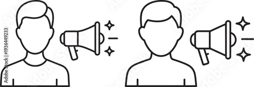 Announcing Message Icon Set, Line Art of People with Megaphone for Announcement, Promotion, and Communication