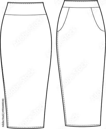 Pencil skirt front and back technical flat fashion illustration, high waist fitted silhouette curved side pockets garment construction design sketch