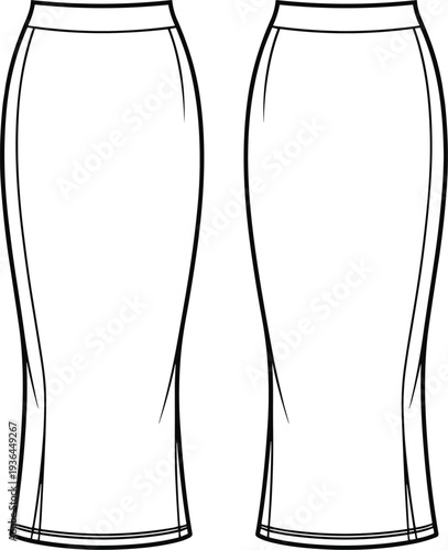 Pencil skirt technical flat fashion illustration, high waist fitted silhouette below knee length garment construction design drawing apparel sketch