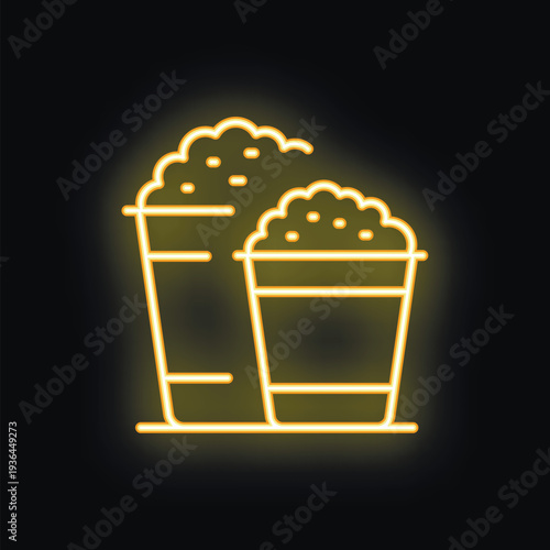 Glowing neon sign depicting two sizes of popcorn in buckets, perfect for any business selling this classic movie snack
