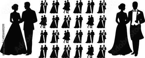 Collection of romantic bride and groom silhouettes in various poses, elegant wedding couples for marriage invitations and anniversary designs