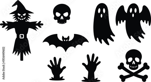 Collection of spooky Halloween black silhouette icons including scarecrow skulls ghosts flying bat zombie hands and crossbones for seasonal holiday graphic design and spooky party invitations