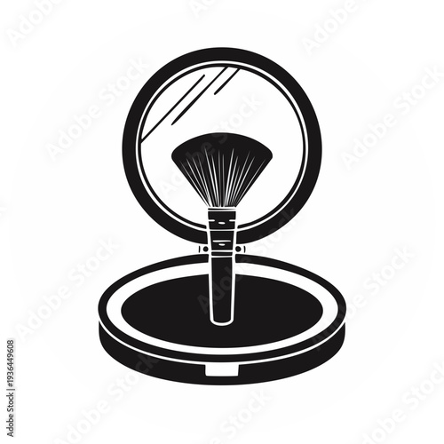 Open compact powder case with makeup brush and mirror, silhouette