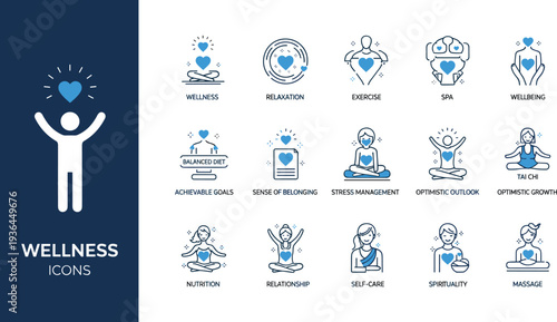 Set of Wellness Icons Featuring Health, Meditation, Exercise, Stress Management, and Self-Care for Wellness and Lifestyle Designs