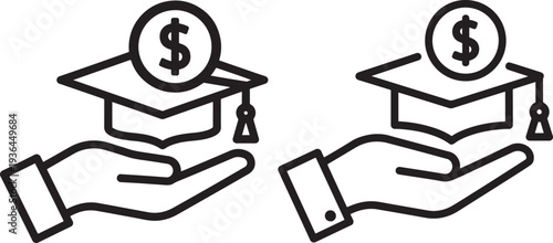 Education Funding Icon, Hand Holding Graduation Cap with Dollar Coin for Scholarships, Loans, and Grants
