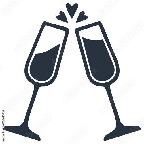 Two dark champagne flutes clinking with hearts bursting upwards in celebration and joy