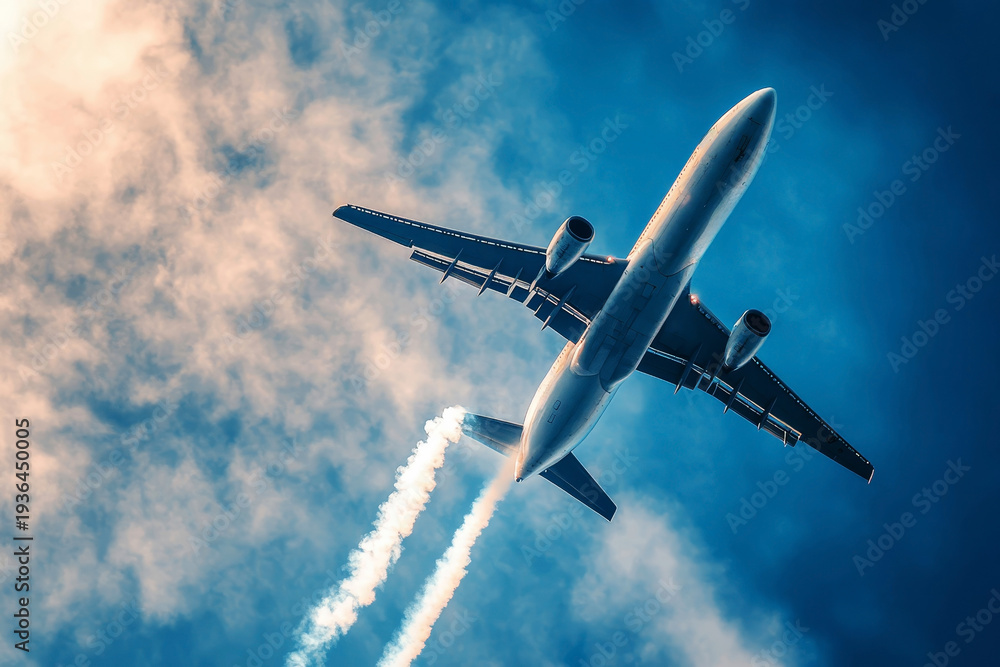 Fototapeta premium Large passenger airplane flying through blue sky with white clouds, leaving contrails behind, symbolizing air travel and aviation technology