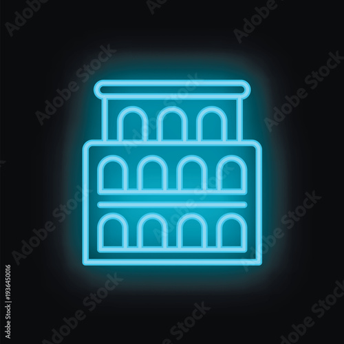 Glowing neon icon of ancient roman landmark, the coliseum amphitheater, on dark background