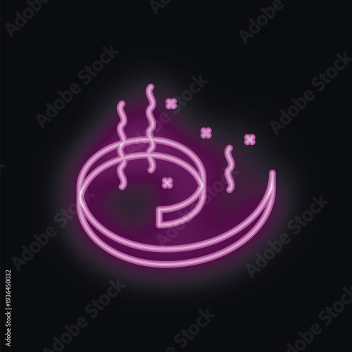 Purple neon sign of a stick of incense burning with smoke on a black background