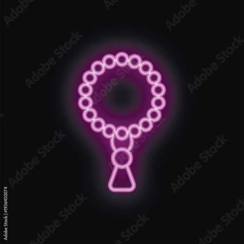 Neon purple rosary beads are glowing on dark background, creating a spiritual atmosphere