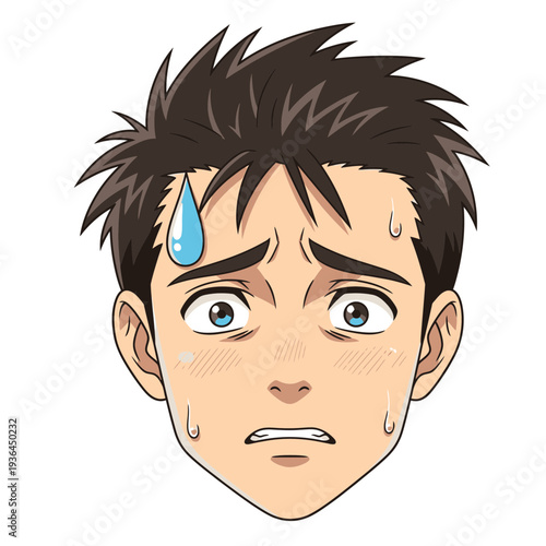 Anxious young man with sweat drops on forehead.