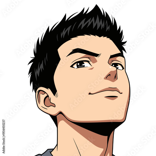Anime style young man with spiky black hair looking up.